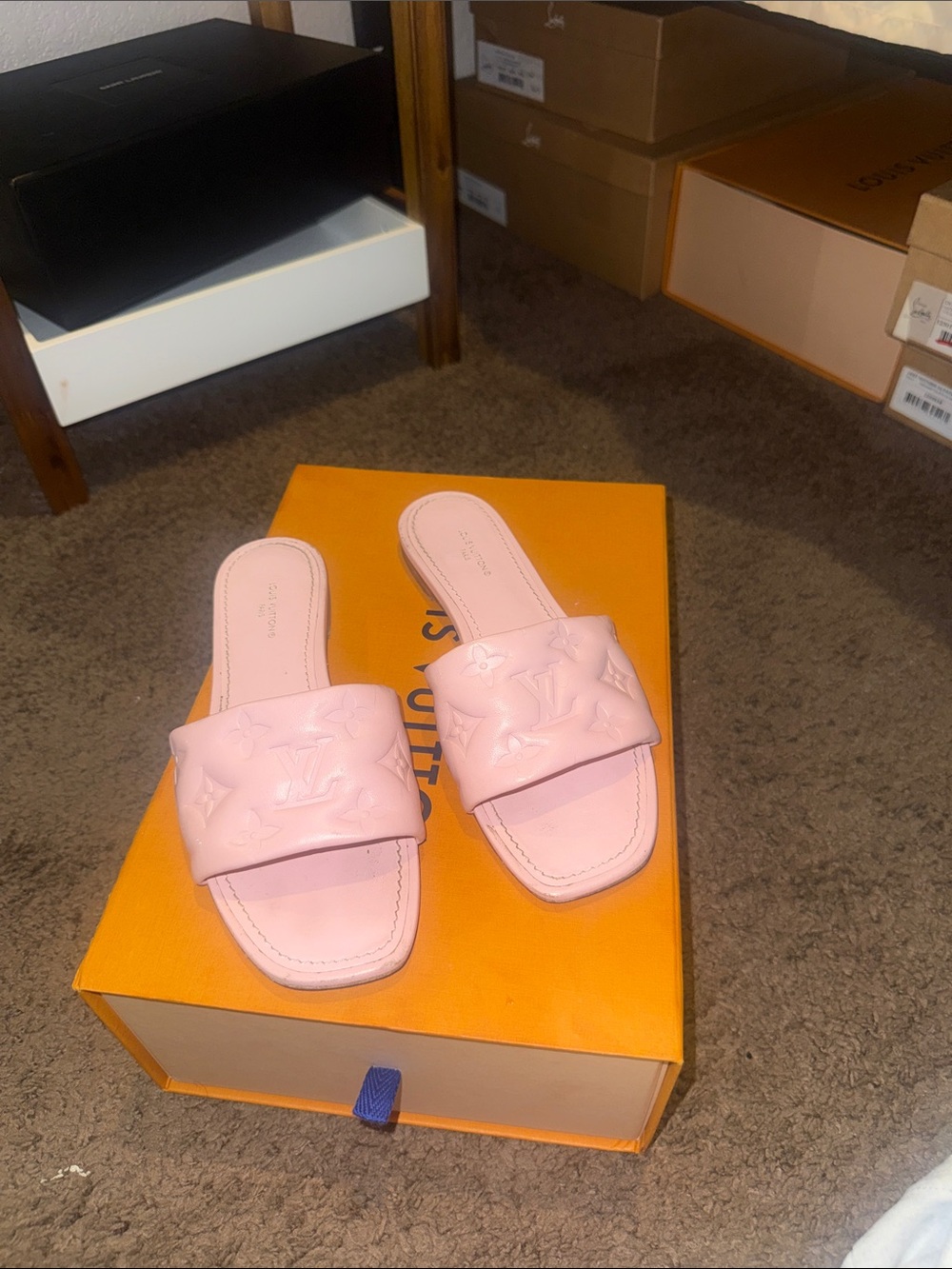 Louis Vuitton Light Pink Monogram Embossed Slide Sandals